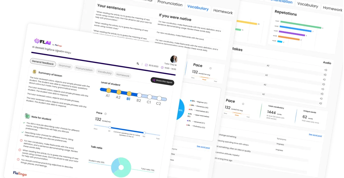 An existing Flalingo FLAI lesson report showing lesson summary, learner level, speaking pace, talk ratio, vocabulary, and tutor feedback.